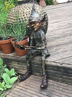 Bronze Goblin Pixie Reading Book Small Woodland Elf Sitting Garden Figure Statue • £445