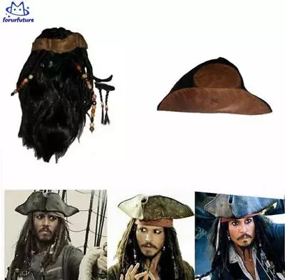 Cosplay Pirates Of The Caribbean Captain Jack Sparrow Brown Wig Hat Beard Prop • $17.23