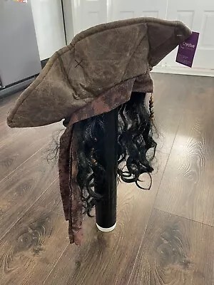 £14.49 • Buy Brown Pirate Deluxe Hat With Hair Caribbean Jack Sparrow Fancy Dress Accessory