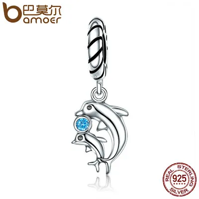 BAMOER Retro 925 Sterling Silver Charm Dolphins Dangle With Blue CZ For Bracelet • $9.22