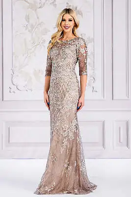 Formal Mother Of Bride Dress W/ 34 Sleeves Scoop Neck & Lace Embroidery • $233