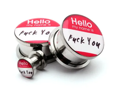 $11.99 • Buy Pair Of Screw On Hello My Name Is Picture Plugs Gauges 16g Thru 1 Inch