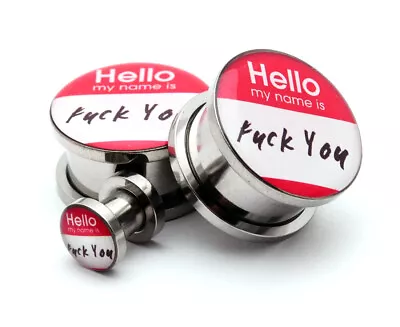 $11.99 • Buy Pair Of Screw On Hello My Name Is Picture Plugs Gauges 16g Thru 1 Inch