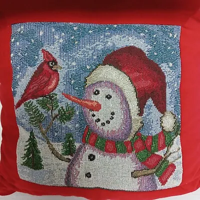 $19.59 • Buy Christmas Tapestry Throw Pillow Cushion Snowman Cardinal Red White Check 15  Vtg