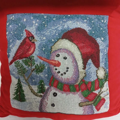$19.59 • Buy Christmas Tapestry Throw Pillow Cushion Snowman Cardinal Red White Check 15  Vtg