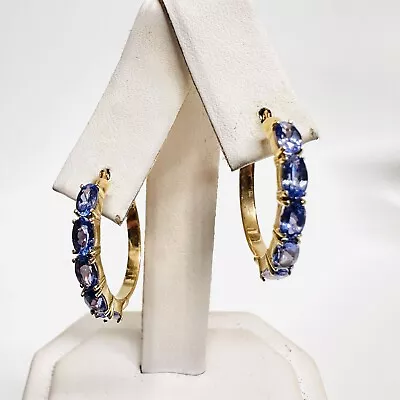 Vintage 14k Yellow Gold Oval Tanzanite Pierced Hoop Earrings • $699.95