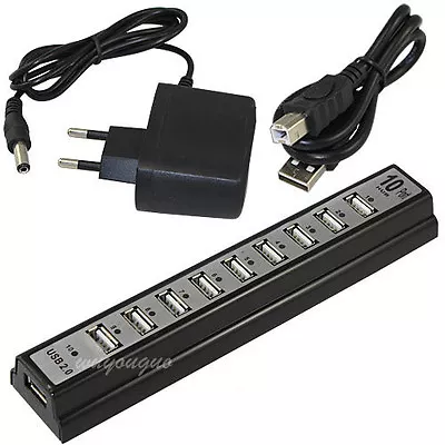 Black 10 Port HUB USB 2.0 Expansion + 2A EU Plug Power Supply Adapter For PC • $11.03