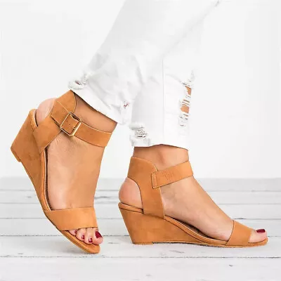 Shoes Ladies Strap Roman Wedges Women's Fashion Mid Heel Sandals Solid Buckle • $23.66
