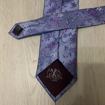 M&S Necktie Tie Blue Floral Silk - With Sublime Texture Pattern & Elegance • £7.99