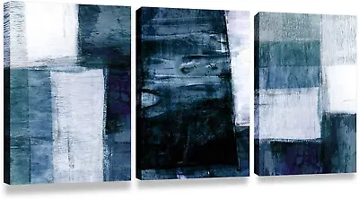 3 Pieces Canvas Wall Art-Gray Blue Abstract Art Painting-Modern Canvas Artwork W • $47.14