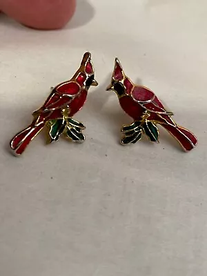 Vintage Enamel Red Cardinal Earrings Pierced STUNNING • $17.93