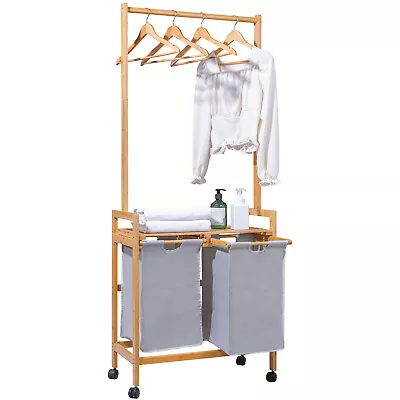 Laundry BasketBamboo Laundry Sorter Cart Rolling With Clothes Hanging Rod • $49.99