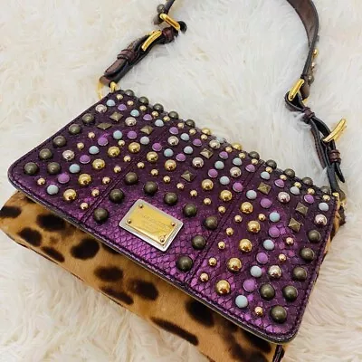 Dolce ＆ Gabbana Leopard Studded Hand Bag Shoulder Bag Unborn Calf Purple Women • $5