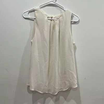 H&M Women's Size 12 Cream Tan Sleeveless Blouse Top Lace Fringe Bow Tie Keyhole • $12