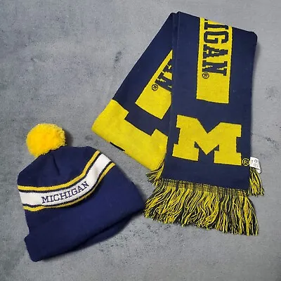 University Of Michigan Wolverines Knit Pom Hat And Scarf Set Blue Gold • $24