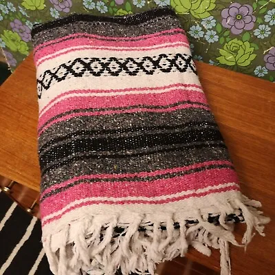 £18.99 • Buy Pink Grey Mexican Woven Stripy Falsa Yoga Blanket / Throw