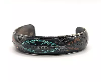 Vintage Navajo Nakai Cuff Bracelet Sterling Silver Turquoise Coral Inlay • $149.99