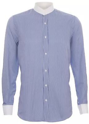 Mens Retro Peaky Blinders Removable Collar Nehru Royal Striped Collarless Shirt • £32.99