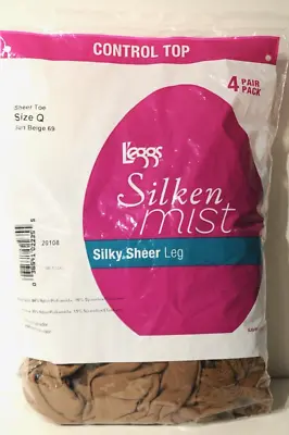 $12 • Buy Leggs Silken Mist Control Top Pantyhose Size Q Sun Beige 4 Pairs