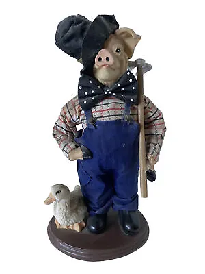 Vintage Pig Farmer Pitch Fork Overall Hat Goose Figurine Sculpture 10” RARE • $50