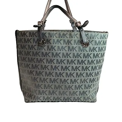 Michael Kors Jet Set Signature Jacquard Canvas Monogram Tote Bag Gray Silver EUC • $62.97