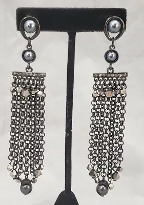 Chico's Large Long Industrial Dk Silver Chain Tassel Beaded 4.25  Long Earrings • $18