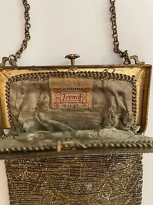 Antique French Steel    Metallic Micro Beaded Handbag Purse  Fringe Art Nouveau • $48