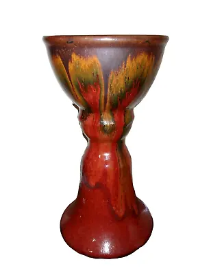 Mission Style Studio Art Pottery Candle Holder Maroon Peacock Glaze 9  T Signed • $30