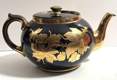 Vintage Gibsons Stamford Shire England Numbered Teapot Black Gold Floral & Trim • $34.95