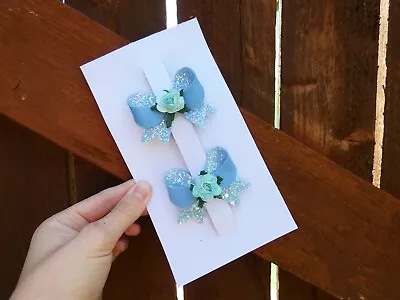 £3.70 • Buy 2 Or 4 Inch Blue Glitter Floral Children's Hair Bow 