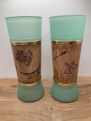 VINTAGE MCM SIESTA WARE TIKI BAR FROSTED AQUA GLASS SET 2 WOOD WRAP 1960s • $14.99