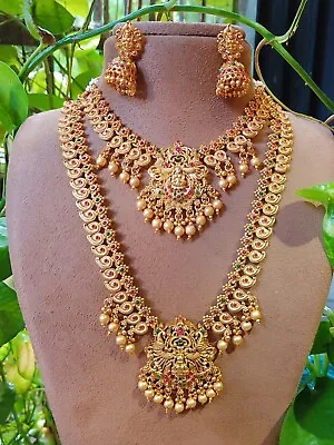 Gold Plated 22k Indian Bollywood Style Temple Long Mala Necklace Jewelry Set New • $45.56