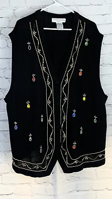 Victoria Jones Vintage Vest Black Ramie Cotton Embroidered Christmas Size 3X • $39