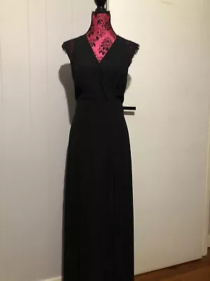 Review 16 Dress Maxi Black Sleeveless V Neckline Lace Contrast Back Cutout EUC • $75