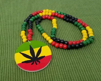 $14.95 • Buy Marijuana Leaf Rasta Pendant Wood Beaded Necklace Cannabis Weed Pot Necklace 