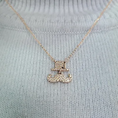 N0124 Dainty Gold Tone Micro Paved Cubic Zirconia Mustache Hat Pendant Necklace • $9.99