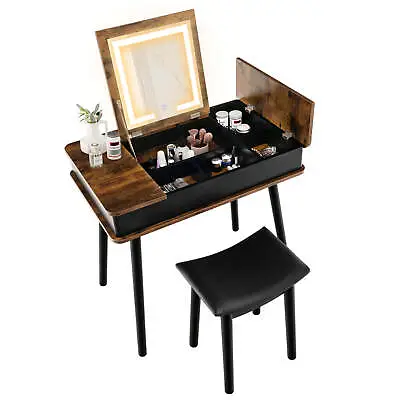 Vanity Table Set W/ Flip Top Mirror Lights USB Port Cushioned Stool Writing Desk • $209.99