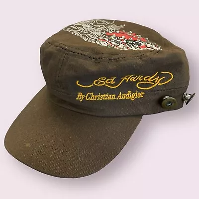 Ed Hardy By Christian Audigier Y2K Army Cadet Style Hat Olive Green Bulldog • $25