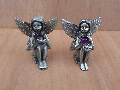 2 X Pewter Fairies Amethyst February Birthstone Purple Heart Glitter Wings • £6