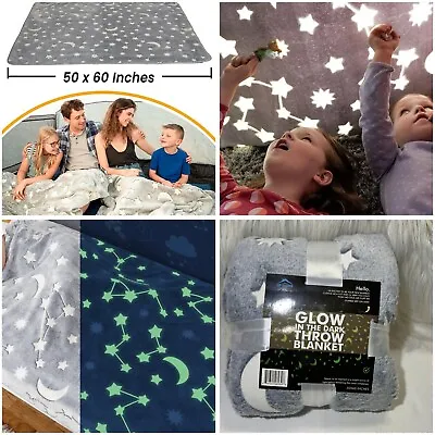 Glow In The Dark Moon And Stars Blanket Throw Plush Kids Fleece 50 X 60 NEW! • $16.99