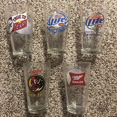 Lot Of 5 Miller Light High Life Beer Pint Glasses - Racing Vikings Texas Deer • $44.99