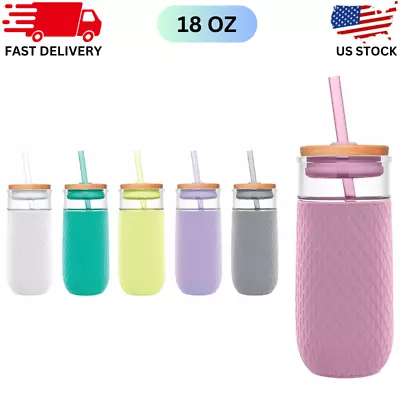 18 Oz Glass Tumbler Splash Proof Wooden Lid & Straw Protective Silicone Sleeve • $22.67