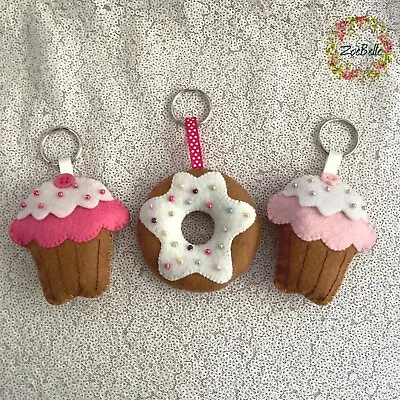 £3.50 • Buy Handmade Hand-sewn Felt Beaded Doughnut & Cupcakes Keyring Keychain Bag Charm