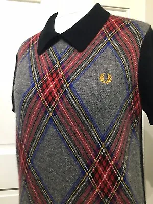 Fred Perry Short Sleeved Tartan Jumper  Wool Blend UK 10  Excellent  • £34.75