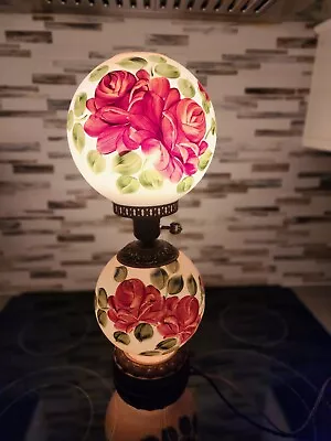 VINTAGE GONE WITH THE WIND ROUND GLOBE PARLOR TABLE LAMP Hand Painted ROSES 3way • $199