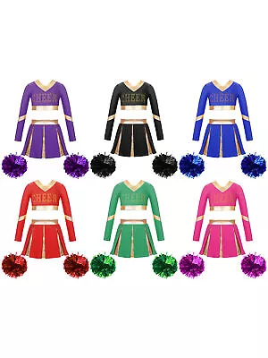 Kids Girls Cheerleader Costume Crop Top With Skirt Dancewear Stage Performance • £8.82