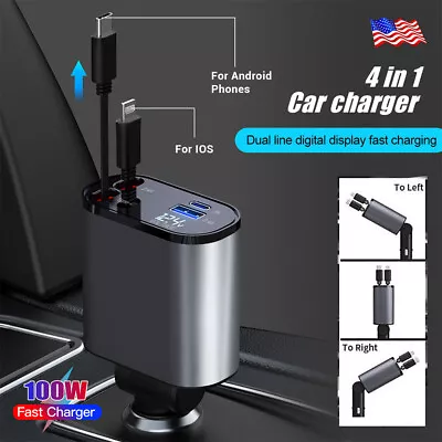 4 In 1 Retractable Car Charger Fast Car Phone Charger 120W With USB Type C Cable • $19.89