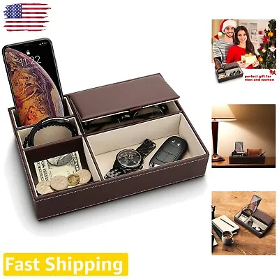 Leather Mens Valet Organizer - Nightstand Dresser Top Box With 5 Compartments • $32.29