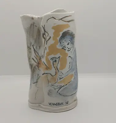 Voldemar Volkoff French Vallauris Studio Pottery Painting Scene Girl & Bird Vase • £125