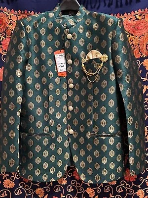 Ethnic Nehru Jacket Men's Green With Gold Multiple Sizes 36 38 40 42 44 • $65